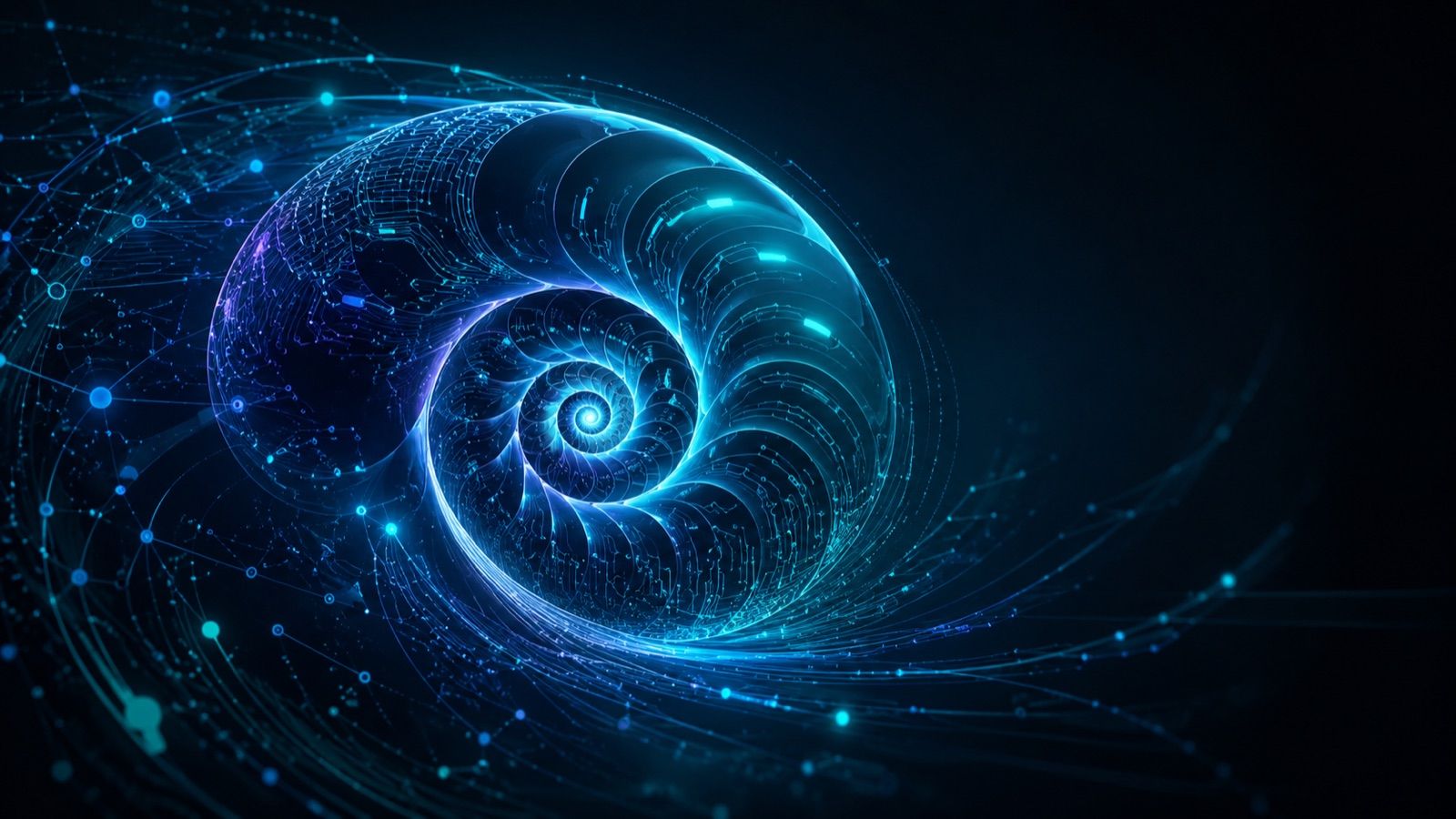 A nautilus shell rendered as glowing blue circuitry, its spiral trailing into a network of nodes