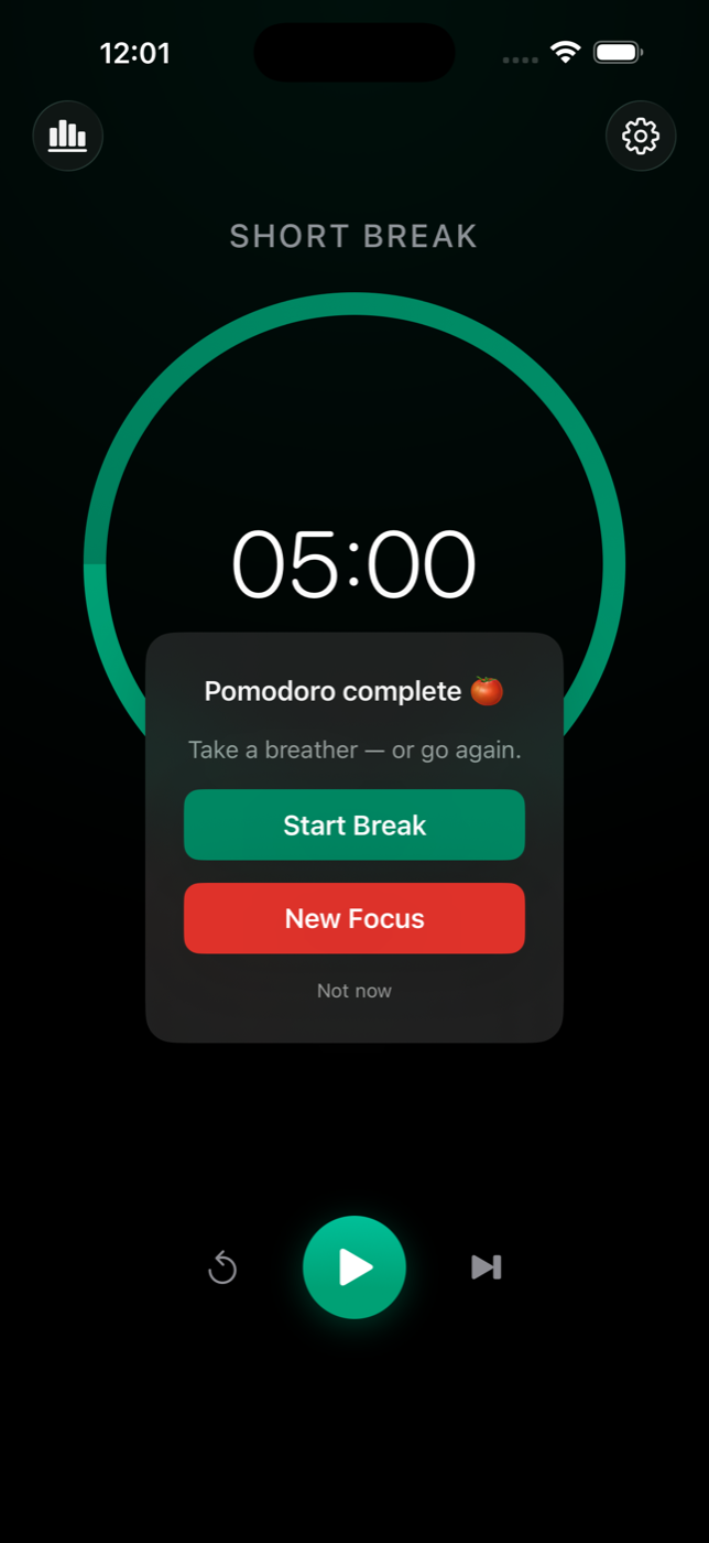 A finished pomodoro on iPhone: a card reading Pomodoro complete, take a breather or go again, with Start Break, New Focus and Not now