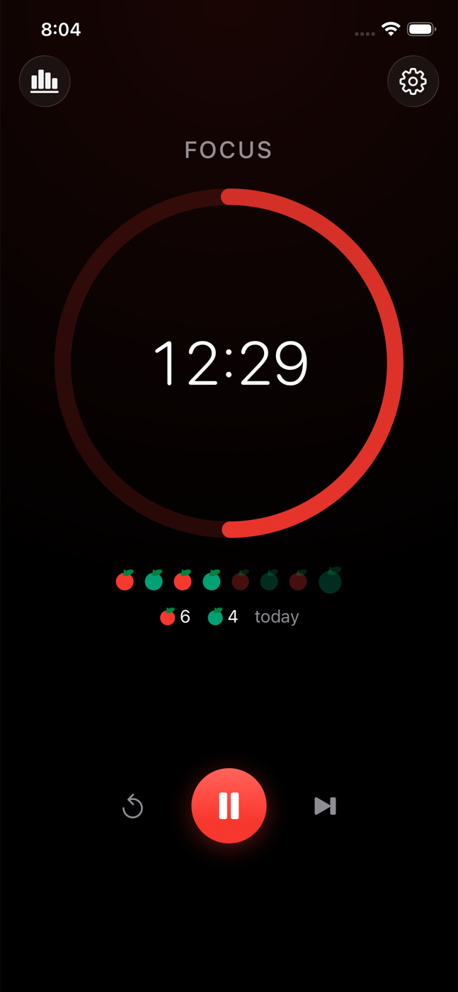 Rossino on iPhone in dark mode: a red focus ring counting down from 12:29, with the cycle tomato row and today's totals beneath it