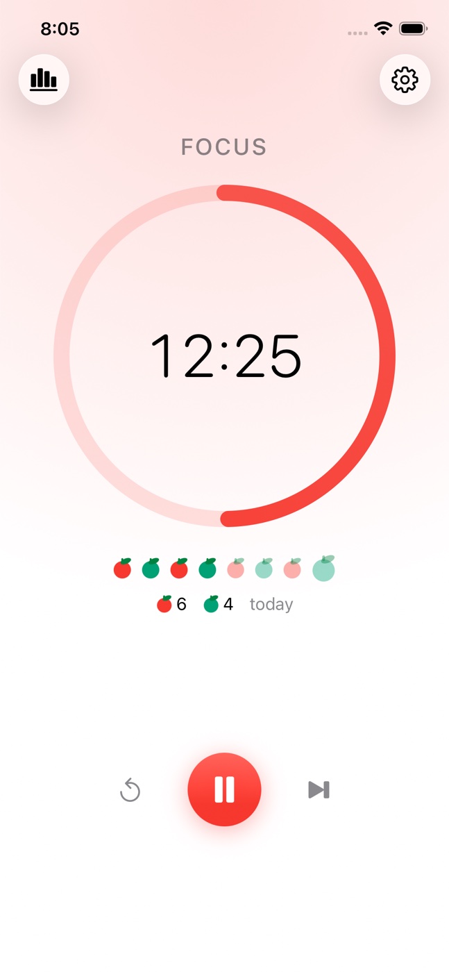 Rossino on iPhone in light mode during a short break: a green ring at five minutes