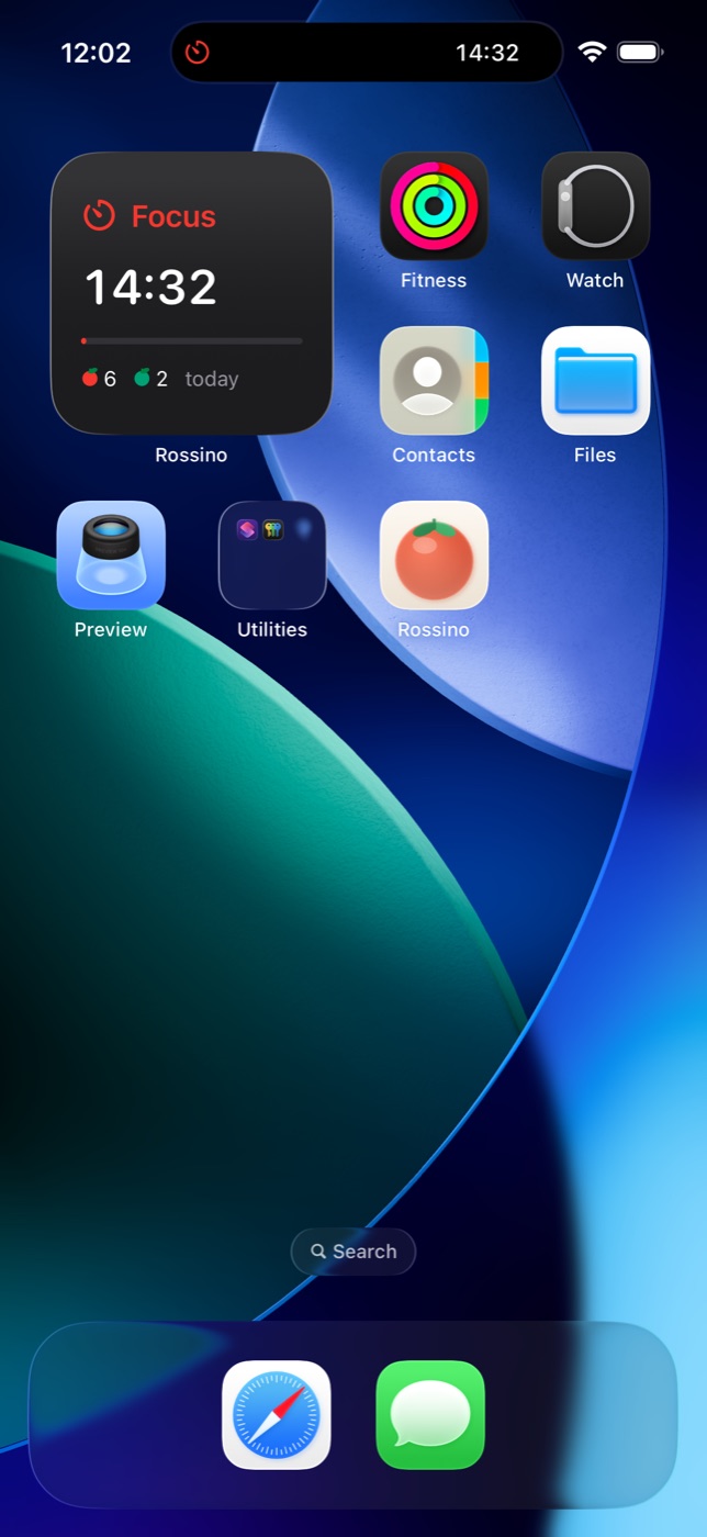 An iPhone Home Screen with the Rossino widget: Focus, 14:32, a progress line, and 6 pomodoros and 2 rests today