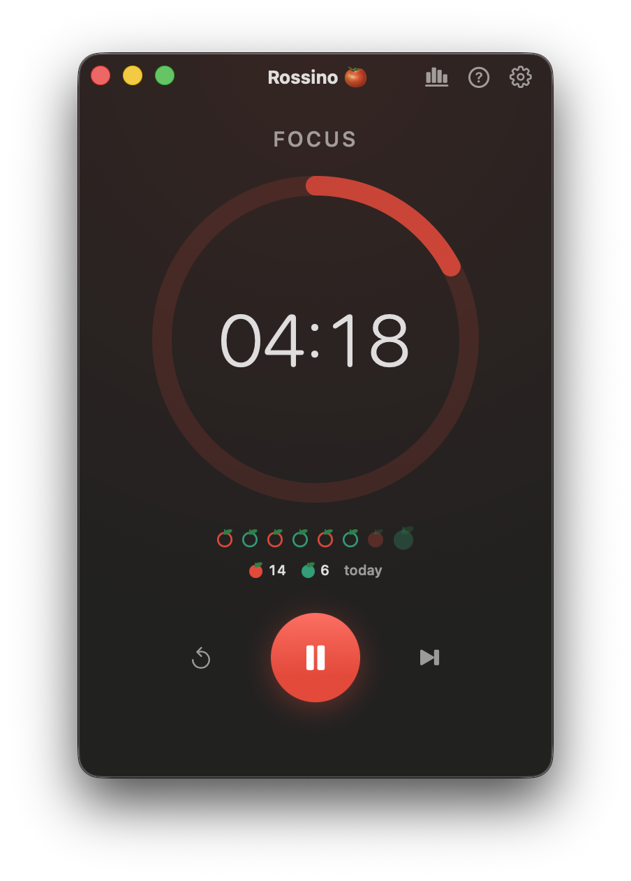 Rossino on the Mac: a red focus ring at 4:18 in a compact fixed window, with the cycle tomato row and today's totals