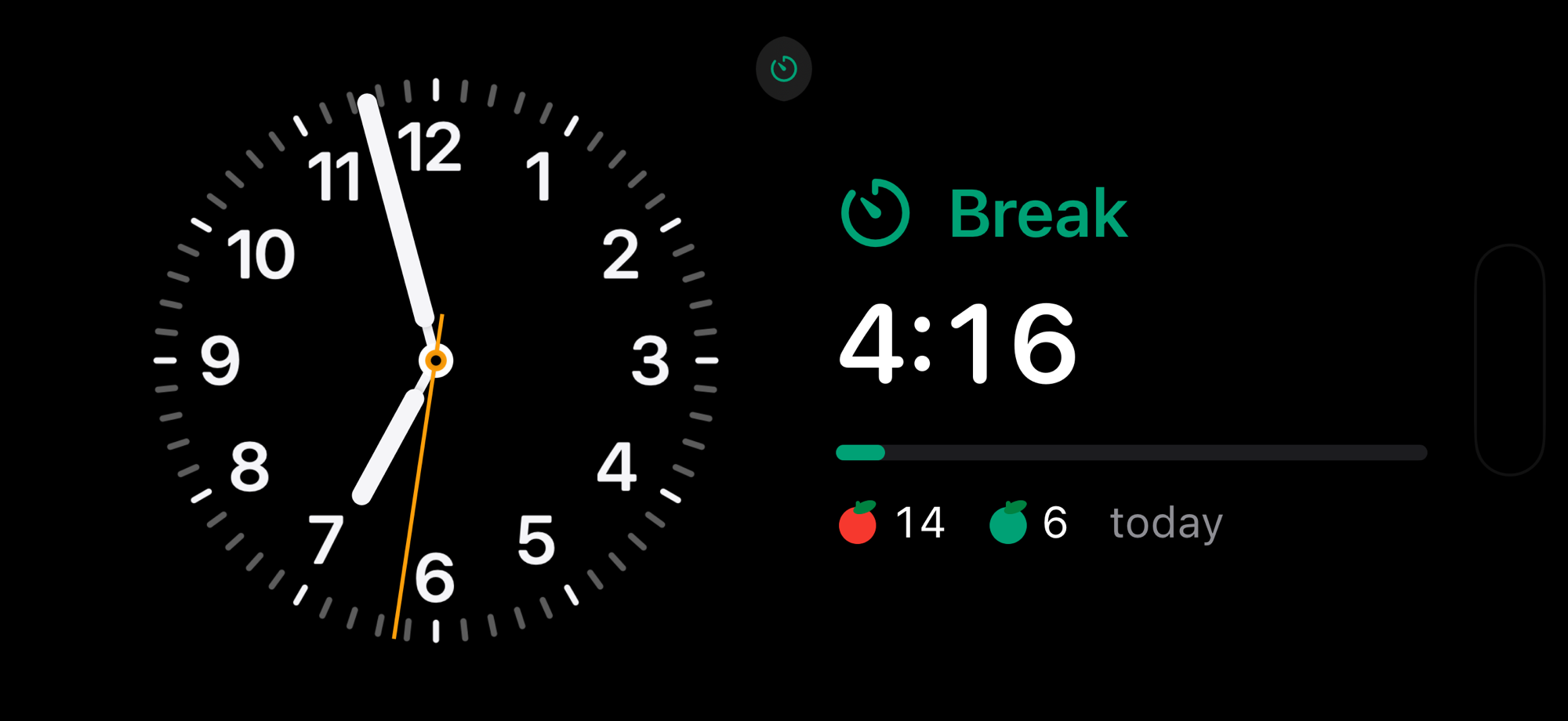 StandBy mode: green Break at 4:16 with 14 pomodoros and 6 rests today