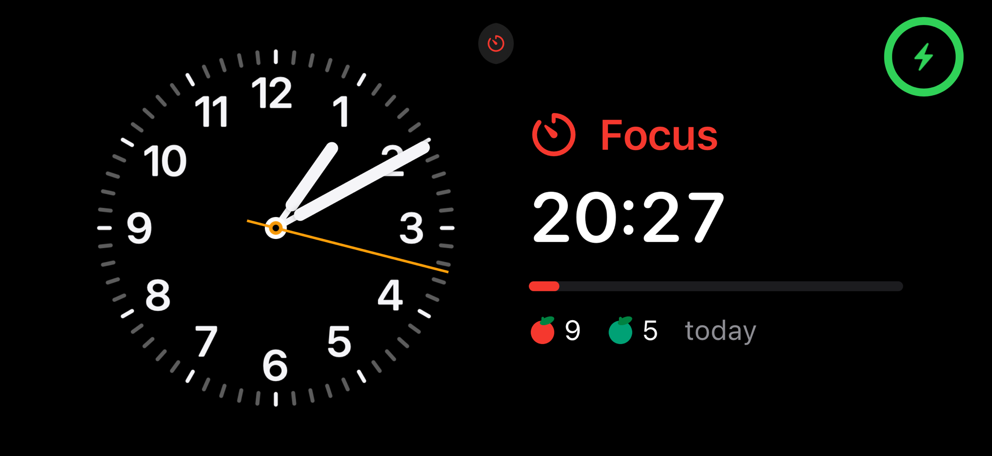 StandBy mode beside a clock face: red Focus at 20:27 with 9 pomodoros and 5 rests today