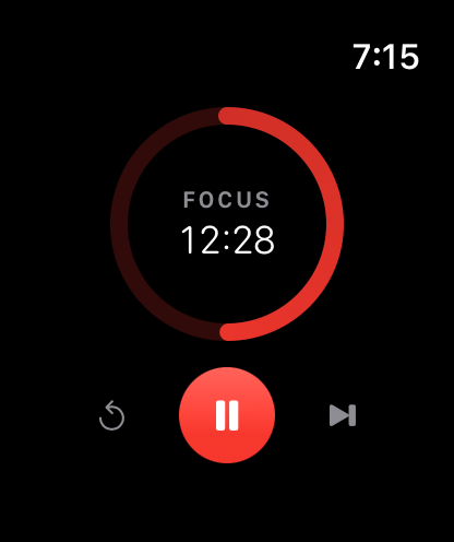 Rossino on Apple Watch: the red focus ring at 12:28 with pause and skip controls